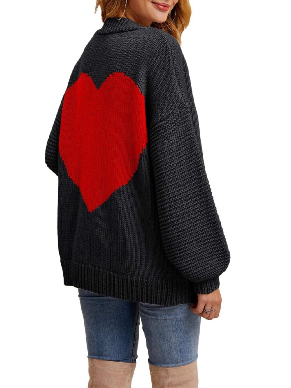 Womens Oversized Love Heart Pattern Print Open Front Cardigan Sweaters Casual